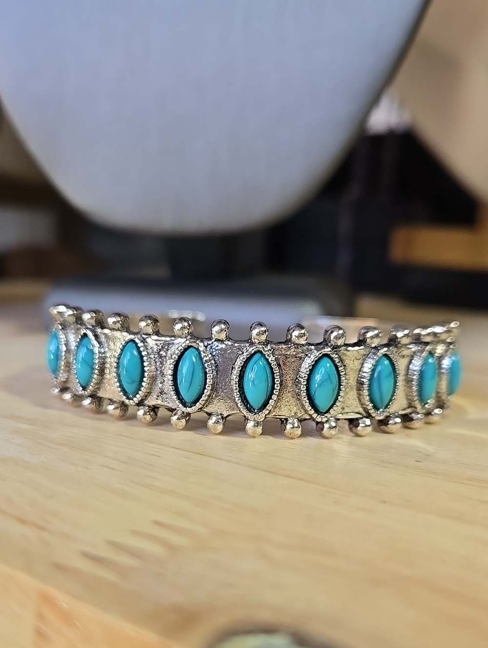 Turquoise Marquise Stone Silver-Tone Cuff Bracelet